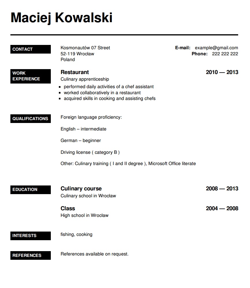 Wzór CV po angielsku - Kucharz - Po angielsku - Język angielski dla każdego